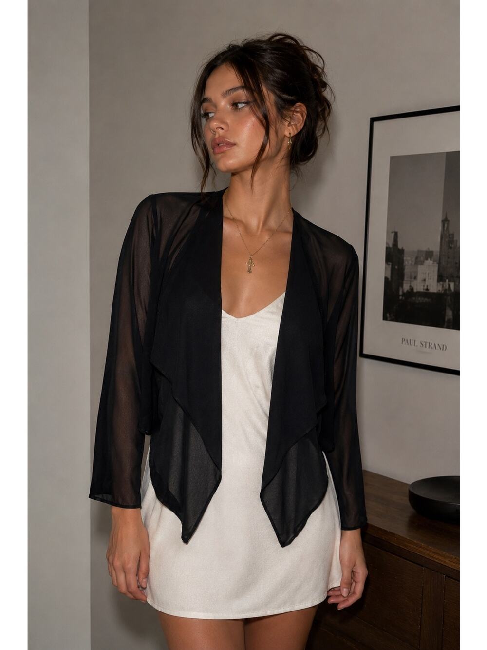 Y2K Sheer Black Chiffon Open Front Bolero Shrug Drape Cardigan Goth M